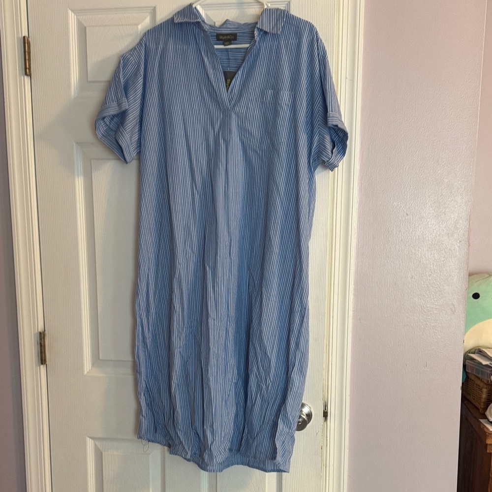 style and company Light Blue & White Pinstripe V-Neck Midi Shirt Dress